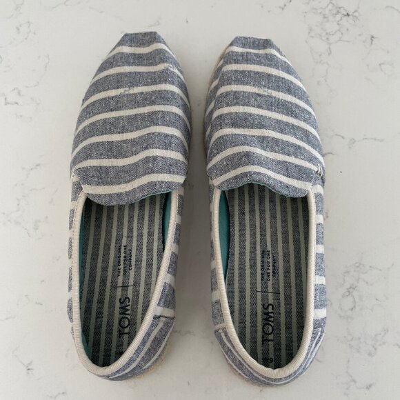 TOMS Alpargata Rope Slip On Stripe Recycled Canvas Shoe Blue Off Wht Sz 9 NWOT - Picture 12 of 13